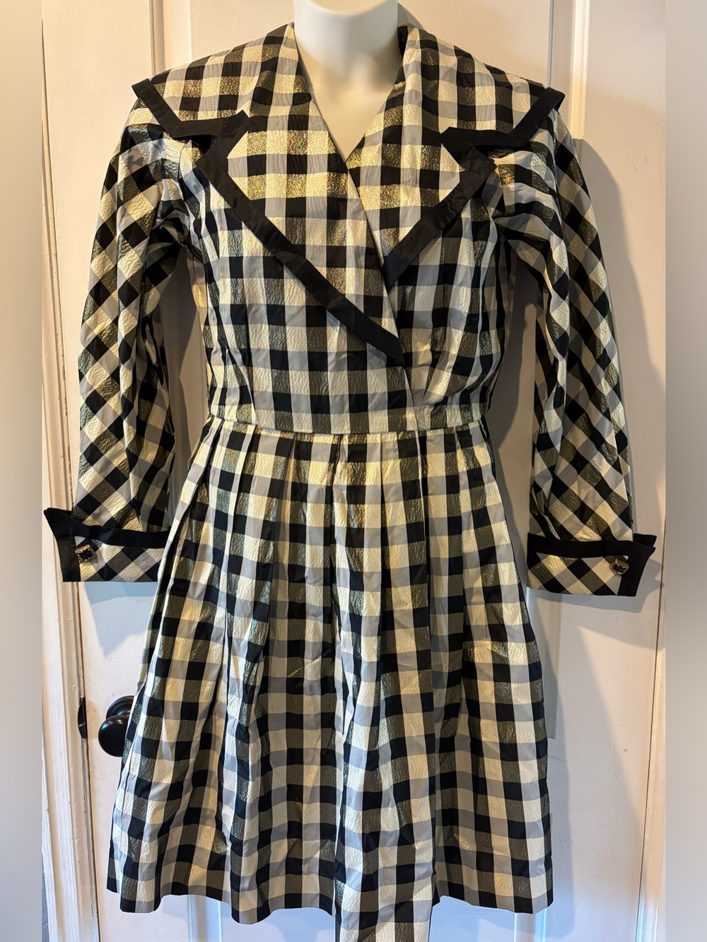 Leslie Fay 80’s Vintage Metallic Gold Check Plaid Tuxedo Dress USA Size 10